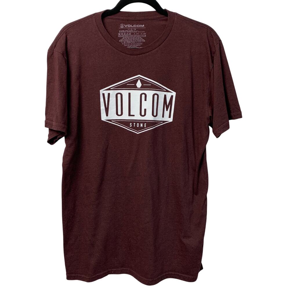Volcom Stone Boys Sz Large Short Sleeve Logo Spellout Maroon Tee Cotton TShirt